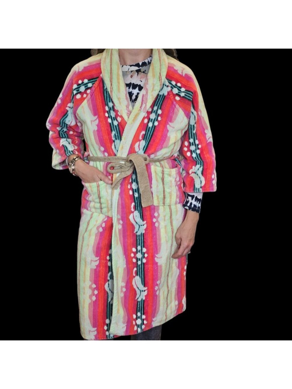 Vtg Thick Terrycloth Robe Sz S Multi-color Striped Cotton Pockets Knee Length